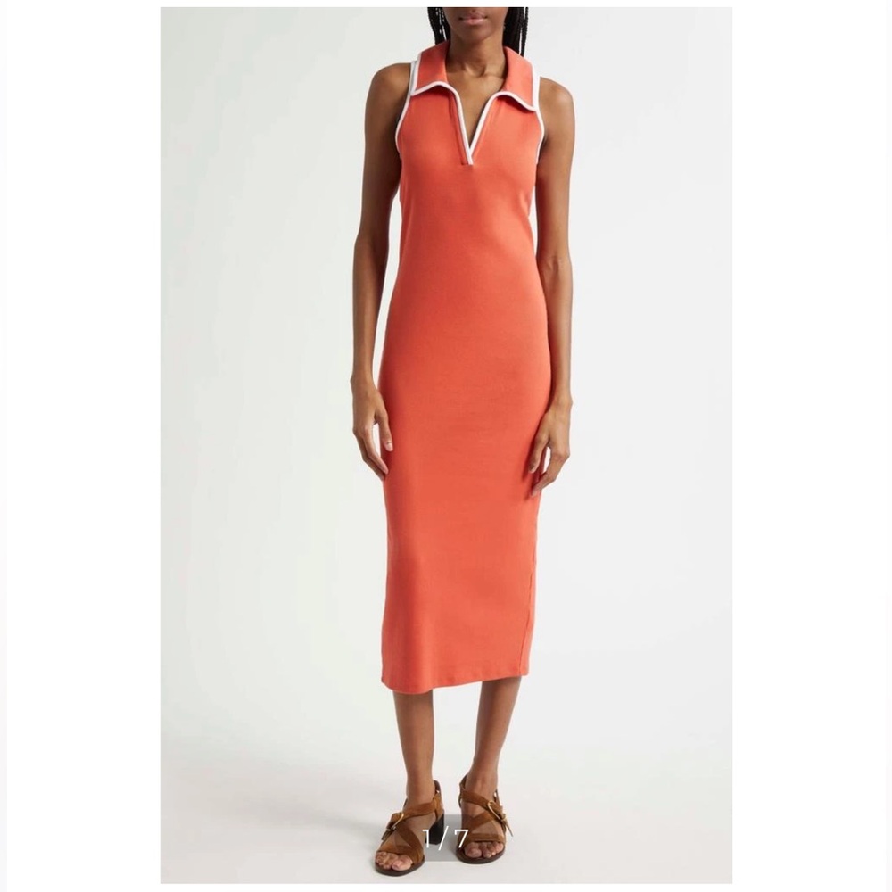 Veronica Beard Ribbed Polo Midi Dress with V-Neck & White Trim